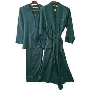 Victoria's Secret VTG Gold Label Emerald Green Satin 3pc‎ Pajama Robe Set Small
